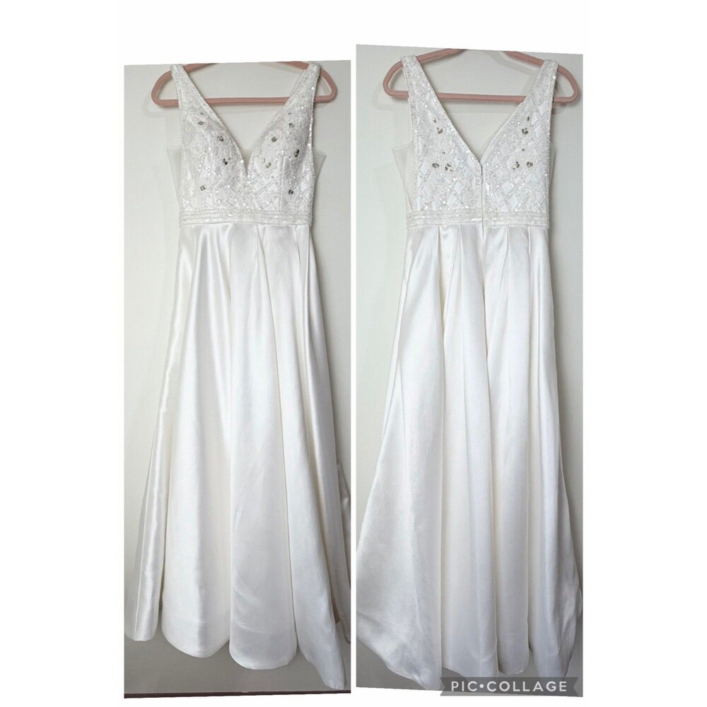 Sherri Hill Satin Wedding Dress White Sweetheart A-Line Size 6 Pockets Lace